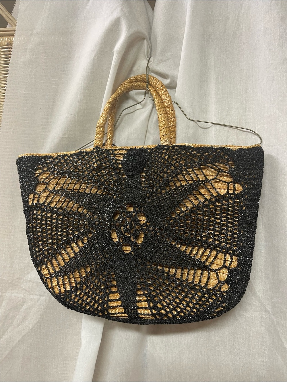 Coldwater Creek Black Crochet Overlay Straw Satchel